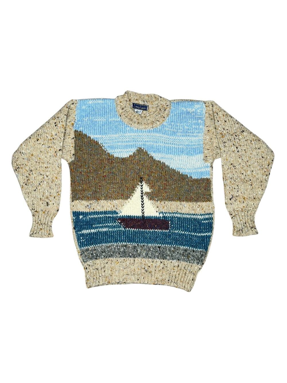 Vintage Rory Lynch Sailboat AOP 100% Wool Fisherman Sweater